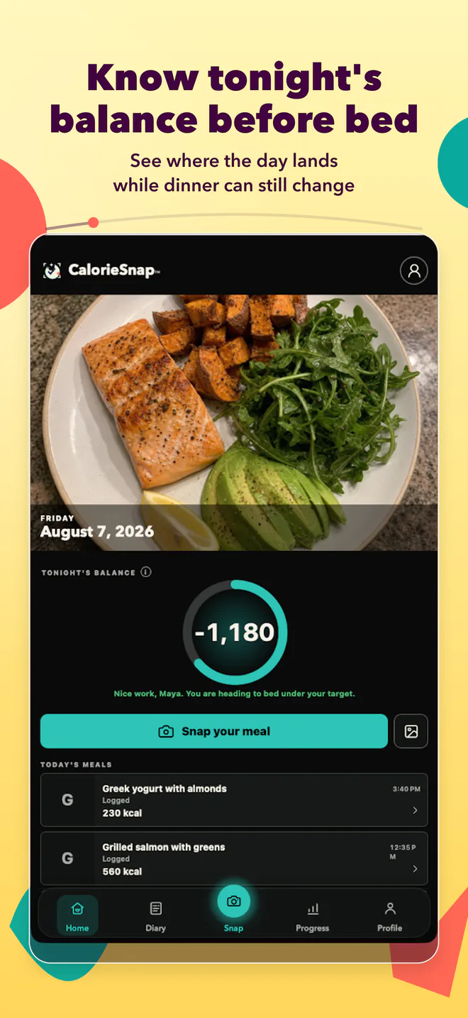 Build 166 CalorieSnap product image showing tonight's balance and meals for fictional user Maya