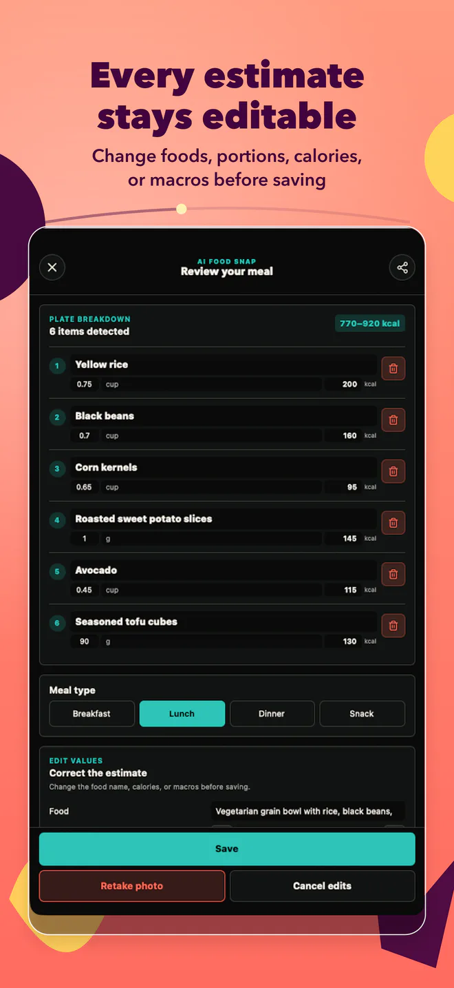 Build 166 CalorieSnap product image showing editable meal foods, portions, calories, and macros for fictional user Maya