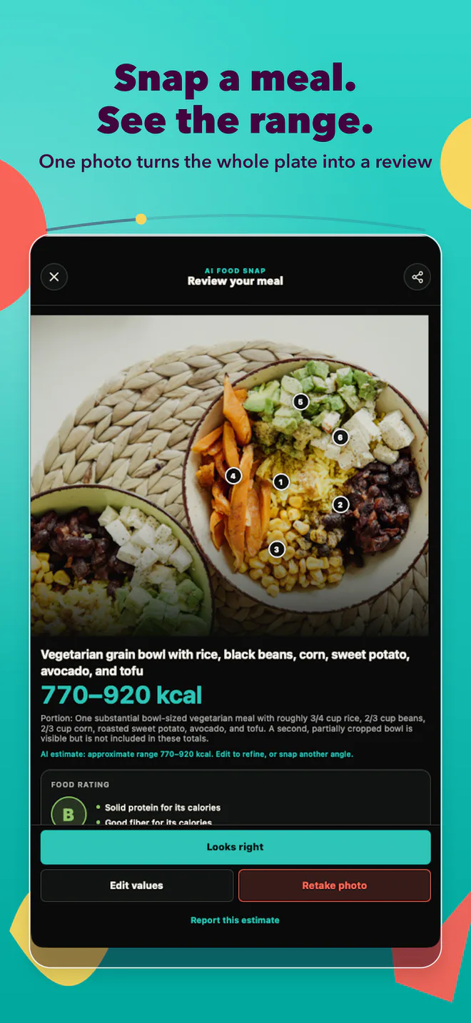 Build 166 CalorieSnap product image showing a vegetarian grain bowl estimate range and edit controls for fictional user Maya