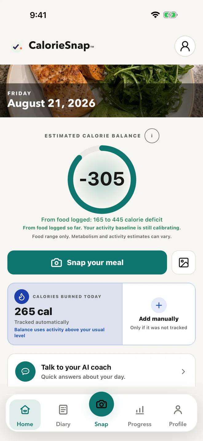 CalorieSnap 1.4.1 Home screen showing tracked activity and its contribution to tonight's balance