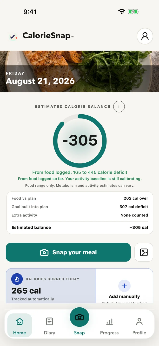 CalorieSnap 1.4.1 Home screen showing the expanded estimated calorie balance calculation