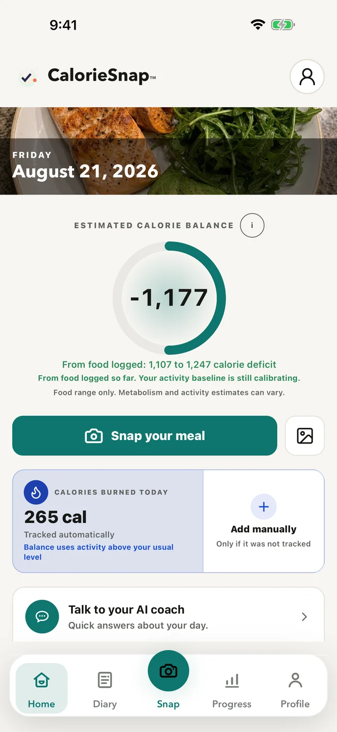 CalorieSnap 1.4.1 Home screen showing tonight's estimated calorie balance and meal actions