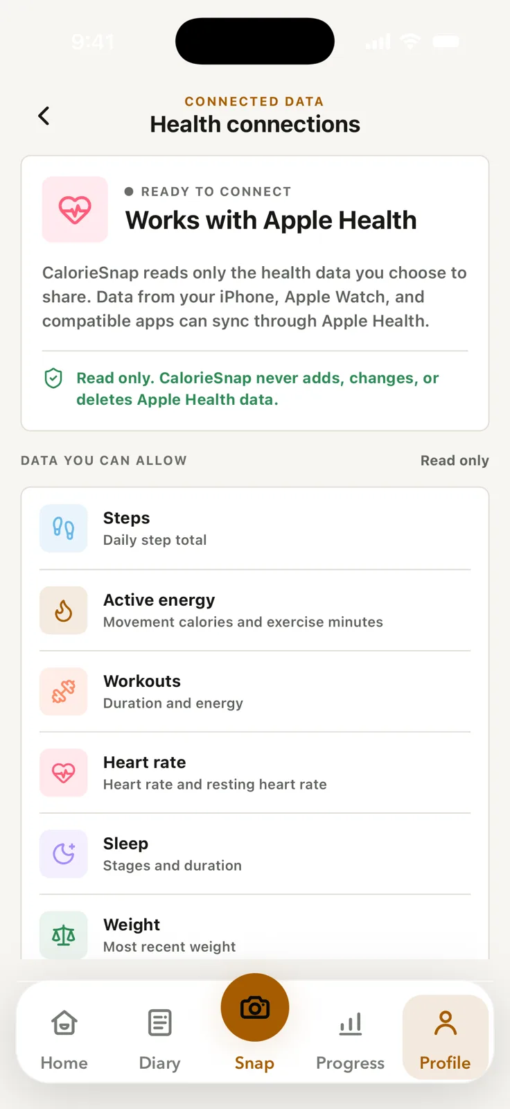 CalorieSnap Health connections screen explaining optional, read-only Apple Health access