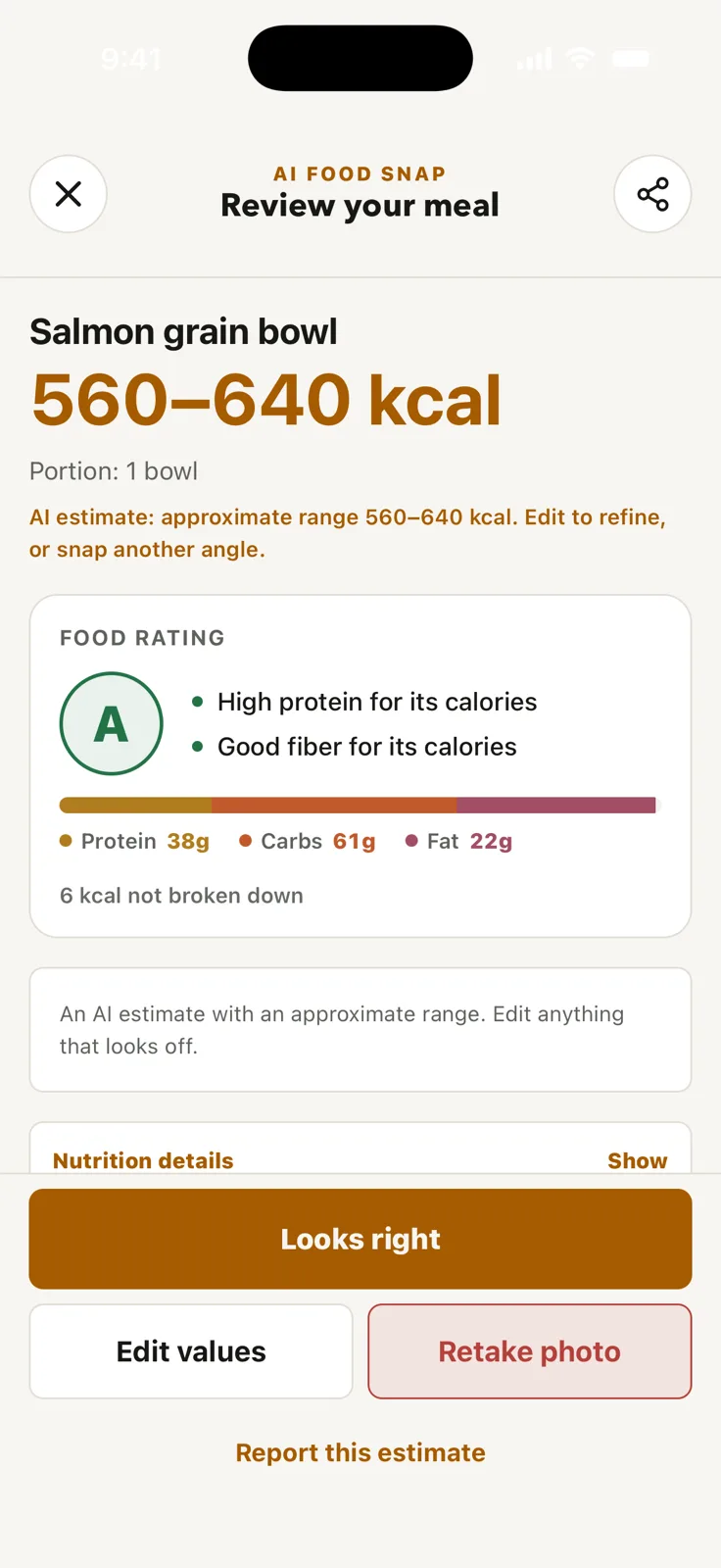 CalorieSnap Meal Review showing a staged salmon grain bowl, an estimated calorie range, detected foods, and edit controls
