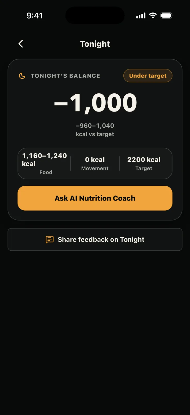 CalorieSnap Tonight screen showing a staged daily calorie balance and food range